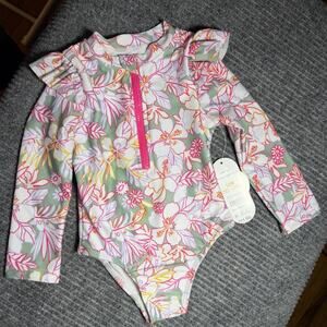 Wonder Nation Baby GIrls 12M Swimsuit Pink Floral Long Sleeve One Piece NWT